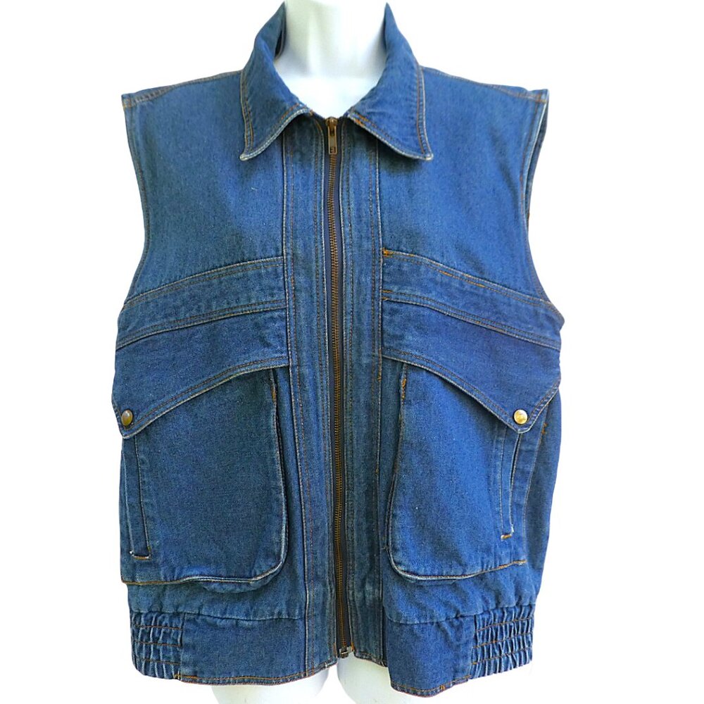 Vintage Denim Jean Vest Full Zipper Huge Pockets Snap Closure Collared Oversized